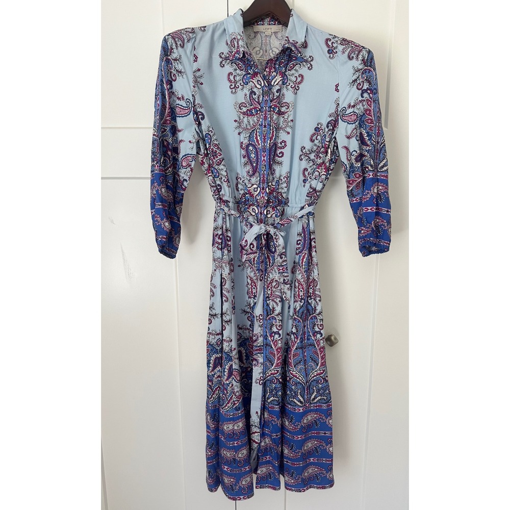 Loft Petites Paisley Midi Shirt Dress Blue Purple‎ Button Front Tie Waist LP